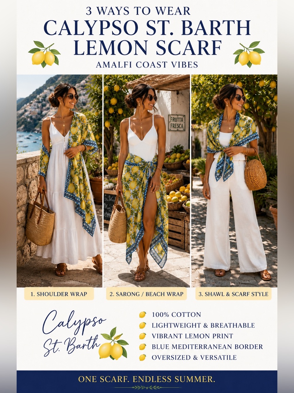 Calypso St Barth Lemon Print Scarf Shawl Wrap Sarong 100% Cotton Amalfi Coast